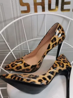 Womens Coffee Brown Pumps Stiletto Heel Pointed Toe Leopard Printed Patent PU Casual Sexy Heels