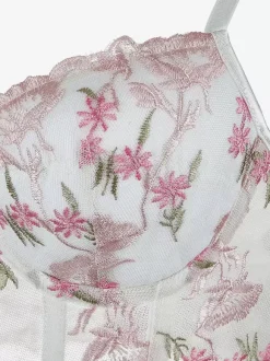 Womens Corsets White Spaghetti Strap Lace-up Flowers Printed Indoor Chic Tank Top