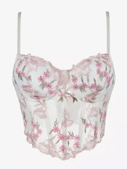 Womens Corsets White Spaghetti Strap Lace-up Flowers Printed Indoor Chic Tank Top