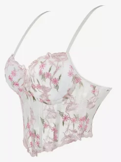 Womens Corsets White Spaghetti Strap Lace-up Flowers Printed Indoor Chic Tank Top