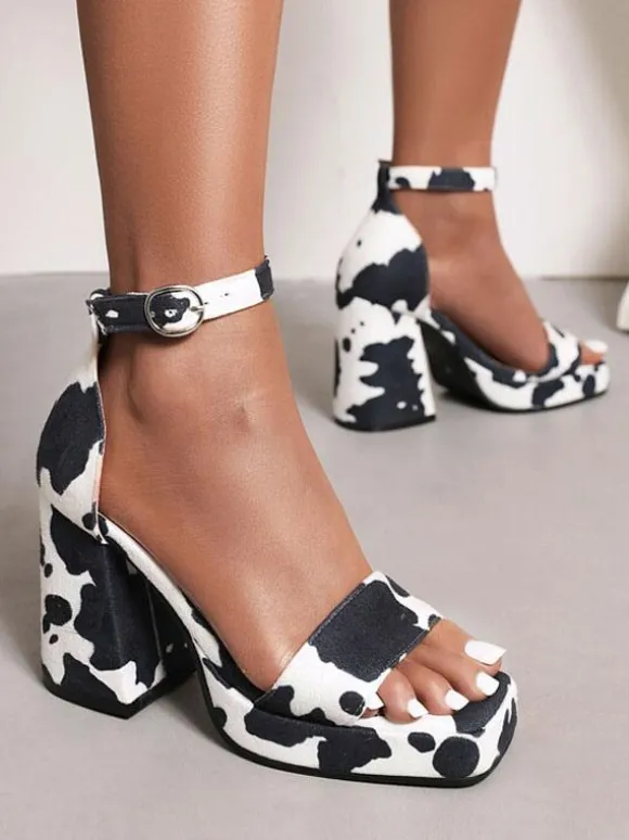 Women's Cow Print Platform Block Heel Sandals