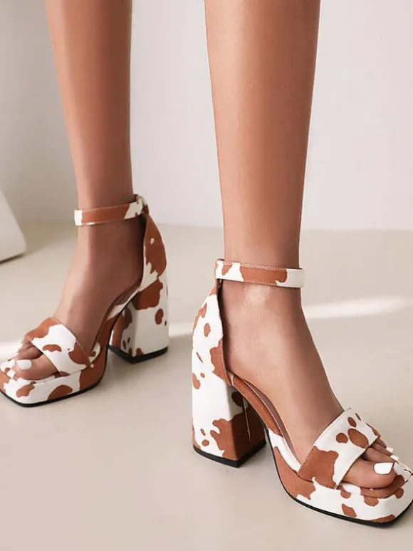 Women's Cow Print Platform Block Heel Sandals