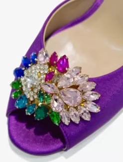 Women's Crystal Round Toe Silk And Satin Slide Sandals Stiletto Heel Purple