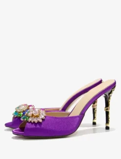 Women's Crystal Round Toe Silk And Satin Slide Sandals Stiletto Heel Purple