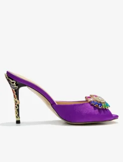 Women's Crystal Round Toe Silk And Satin Slide Sandals Stiletto Heel Purple