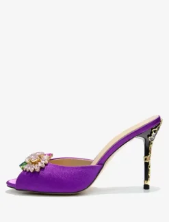 Women's Crystal Round Toe Silk And Satin Slide Sandals Stiletto Heel Purple