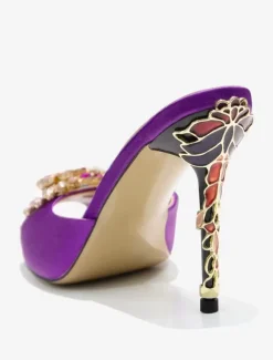 Women's Crystal Round Toe Silk And Satin Slide Sandals Stiletto Heel Purple