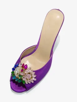 Women's Crystal Round Toe Silk And Satin Slide Sandals Stiletto Heel Purple