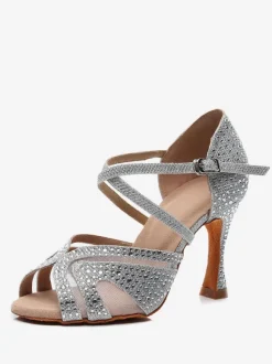 Women’s Customized Latin Dance Shoes Silver Peep Toe Rhinestones Ballroom Dance Shoes