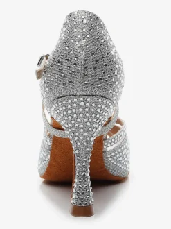Women’s Customized Latin Dance Shoes Silver Peep Toe Rhinestones Ballroom Dance Shoes