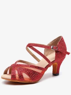Women’s Customized Latin Dance Shoes Silver Peep Toe Rhinestones Ballroom Dance Shoes