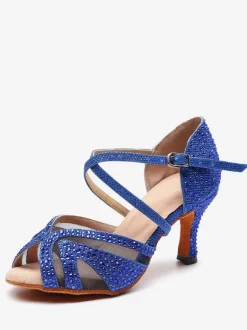 Women’s Customized Latin Dance Shoes Silver Peep Toe Rhinestones Ballroom Dance Shoes
