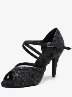 Women’s Customized Latin Dance Shoes Silver Peep Toe Rhinestones Ballroom Dance Shoes