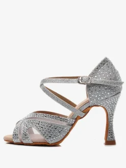 Women’s Customized Latin Dance Shoes Silver Peep Toe Rhinestones Ballroom Dance Shoes