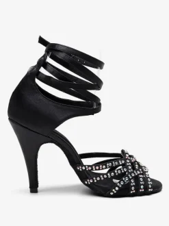 Women's Customized Latin Dance Shoes Black Open Toe Rhinestones Ballroom Dance Shoes