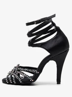 Women's Customized Latin Dance Shoes Black Open Toe Rhinestones Ballroom Dance Shoes