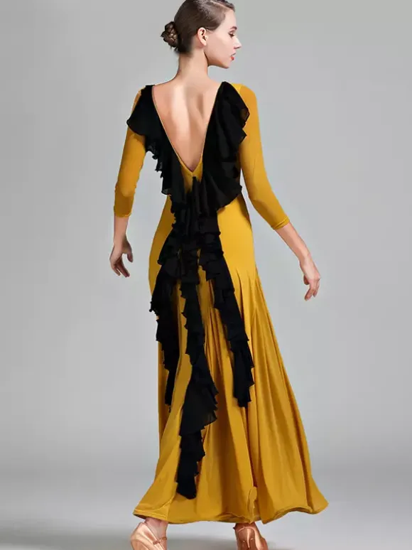 Womens Dance Dress Backless Big Swing Standard Ballroom Dance Costumes Back Ruffles Design Tango Dress Waltz Dance Wear