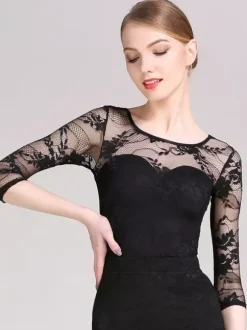 Womens Dance Dress Mesh Lace Bodysuit For Ballroom Dance Competition Dresses