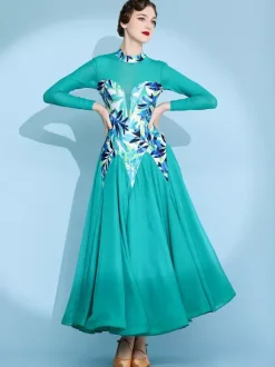 Womens Dance Dress Printed Arge Swing Skirts National Standard Dance Costume Long Sleeve Modern Waltz Tango Dress For Competition