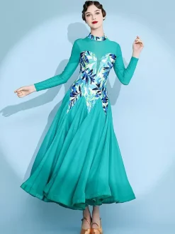 Womens Dance Dress Printed Arge Swing Skirts National Standard Dance Costume Long Sleeve Modern Waltz Tango Dress For Competition