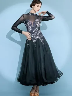 Womens Dance Dress Printed Arge Swing Skirts National Standard Dance Costume Long Sleeve Modern Waltz Tango Dress For Competition