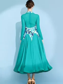 Womens Dance Dress Printed Arge Swing Skirts National Standard Dance Costume Long Sleeve Modern Waltz Tango Dress For Competition