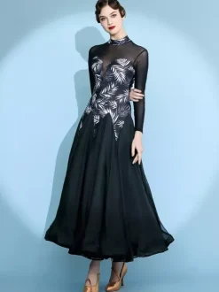 Womens Dance Dress Printed Arge Swing Skirts National Standard Dance Costume Long Sleeve Modern Waltz Tango Dress For Competition