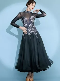 Womens Dance Dress Printed Arge Swing Skirts National Standard Dance Costume Long Sleeve Modern Waltz Tango Dress For Competition