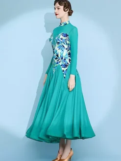 Womens Dance Dress Printed Arge Swing Skirts National Standard Dance Costume Long Sleeve Modern Waltz Tango Dress For Competition