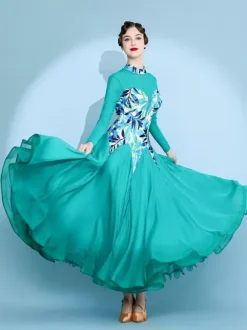 Womens Dance Dress Printed Arge Swing Skirts National Standard Dance Costume Long Sleeve Modern Waltz Tango Dress For Competition