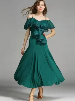 Womens Dance Dress Ruffles Large Swing Skirts Lyrical Ballroom Dance Costumes Spaghetti Strap Dancewear