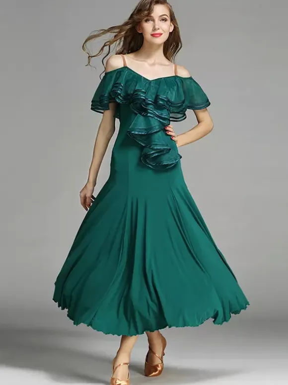 Womens Dance Dress Ruffles Large Swing Skirts Lyrical Ballroom Dance Costumes Spaghetti Strap Dancewear