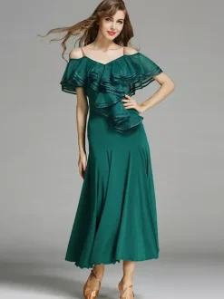 Womens Dance Dress Ruffles Large Swing Skirts Lyrical Ballroom Dance Costumes Spaghetti Strap Dancewear