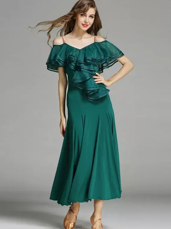 Womens Dance Dress Ruffles Large Swing Skirts Lyrical Ballroom Dance Costumes Spaghetti Strap Dancewear