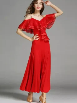 Womens Dance Dress Ruffles Large Swing Skirts Lyrical Ballroom Dance Costumes Spaghetti Strap Dancewear