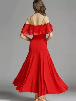 Womens Dance Dress Ruffles Large Swing Skirts Lyrical Ballroom Dance Costumes Spaghetti Strap Dancewear