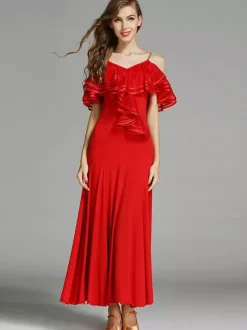 Womens Dance Dress Ruffles Large Swing Skirts Lyrical Ballroom Dance Costumes Spaghetti Strap Dancewear
