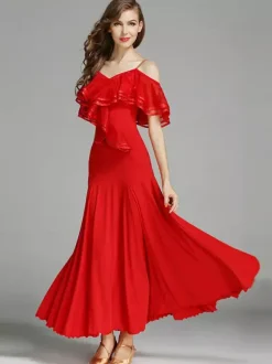 Womens Dance Dress Ruffles Large Swing Skirts Lyrical Ballroom Dance Costumes Spaghetti Strap Dancewear