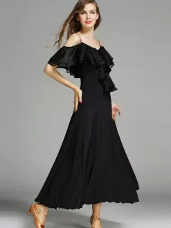 Womens Dance Dress Ruffles Large Swing Skirts Lyrical Ballroom Dance Costumes Spaghetti Strap Dancewear