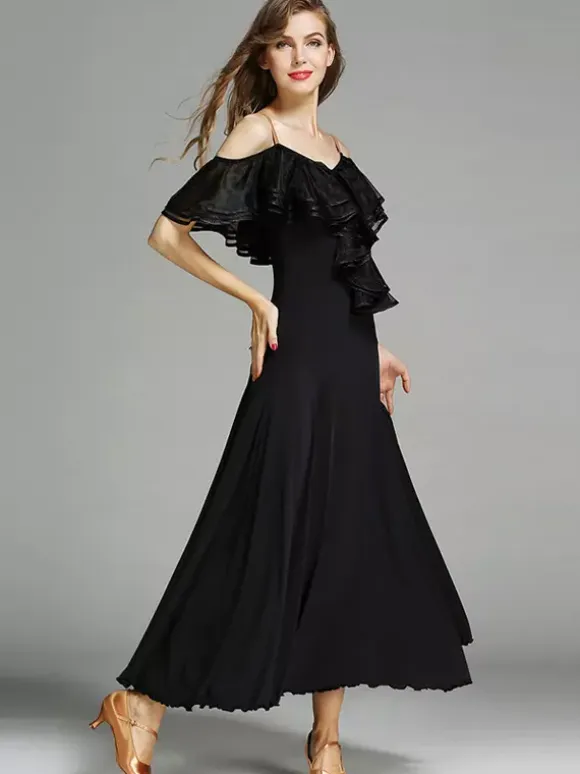 Womens Dance Dress Ruffles Large Swing Skirts Lyrical Ballroom Dance Costumes Spaghetti Strap Dancewear