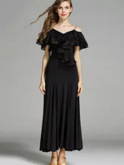 Womens Dance Dress Ruffles Large Swing Skirts Lyrical Ballroom Dance Costumes Spaghetti Strap Dancewear