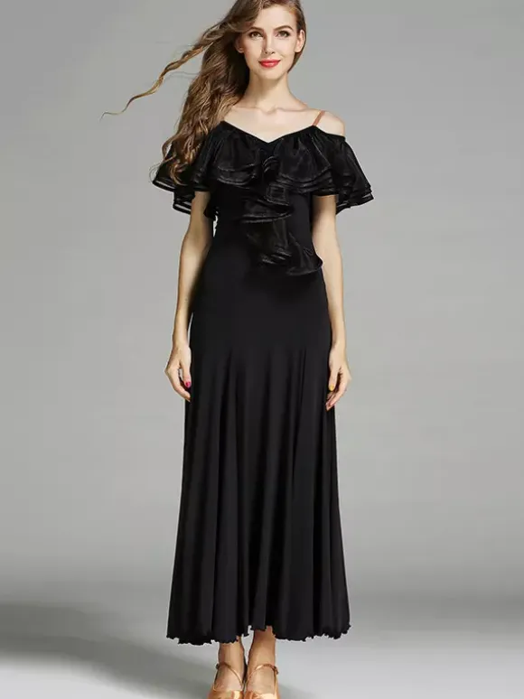 Womens Dance Dress Ruffles Large Swing Skirts Lyrical Ballroom Dance Costumes Spaghetti Strap Dancewear