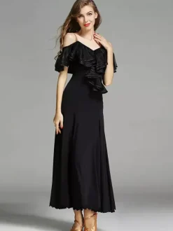 Womens Dance Dress Ruffles Large Swing Skirts Lyrical Ballroom Dance Costumes Spaghetti Strap Dancewear