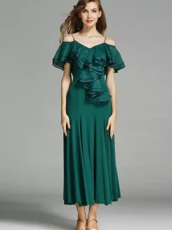 Womens Dance Dress Ruffles Large Swing Skirts Lyrical Ballroom Dance Costumes Spaghetti Strap Dancewear
