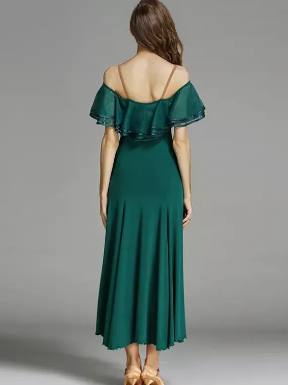Womens Dance Dress Ruffles Large Swing Skirts Lyrical Ballroom Dance Costumes Spaghetti Strap Dancewear
