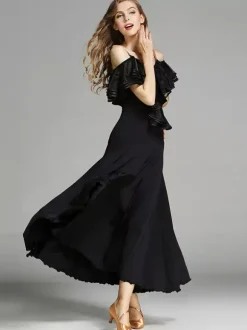 Womens Dance Dress Ruffles Large Swing Skirts Lyrical Ballroom Dance Costumes Spaghetti Strap Dancewear