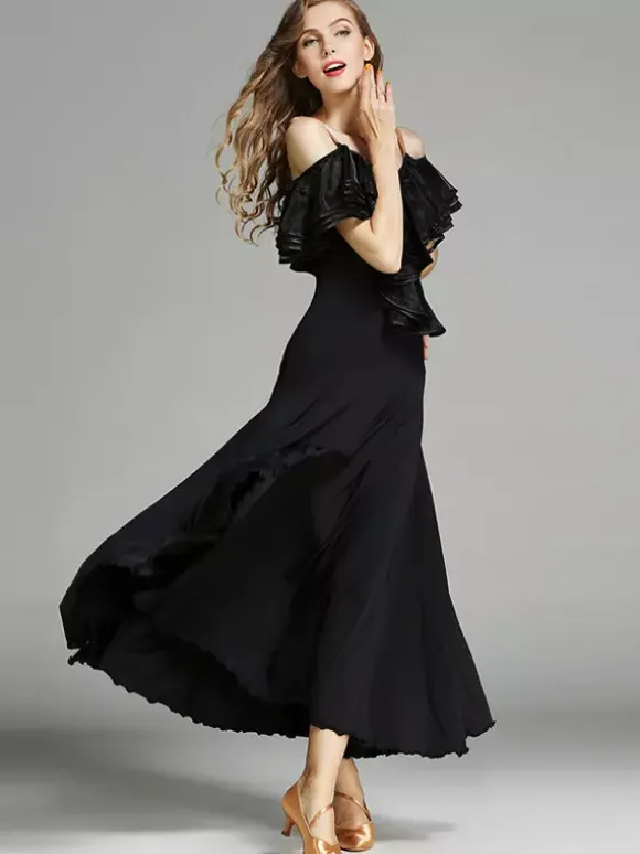 Womens Dance Dress Ruffles Large Swing Skirts Lyrical Ballroom Dance Costumes Spaghetti Strap Dancewear