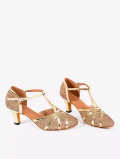 Womens Dance Shoes Gold Shiny Metallic Mid Heel Pointy-toe Shoes