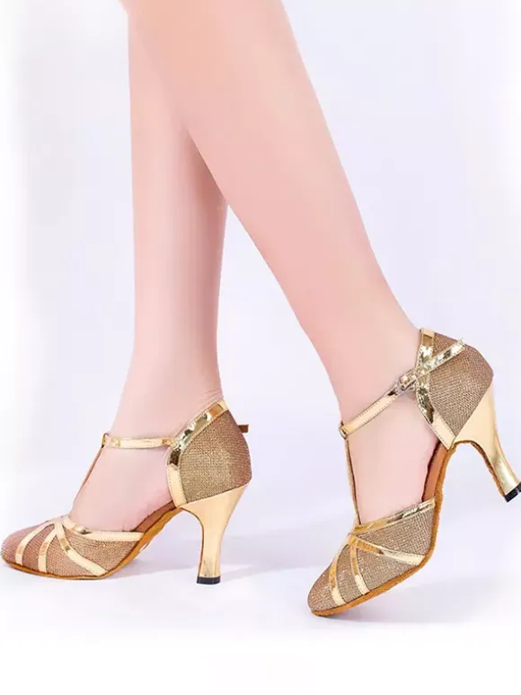 Womens Dance Shoes Gold Shiny Metallic Mid Heel Pointy-toe Shoes