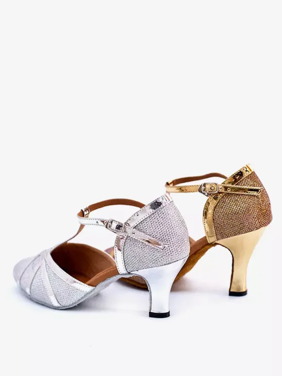 Womens Dance Shoes Gold Shiny Metallic Mid Heel Pointy-toe Shoes